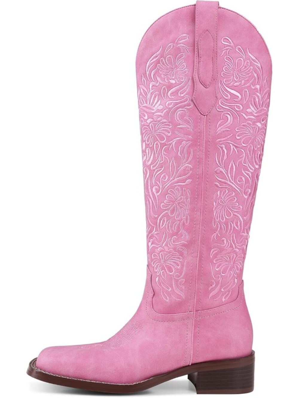Women's Pink Embroidered Cowboy Boots Knee High Low Block Heel Comfortable - Picture 4 of 6